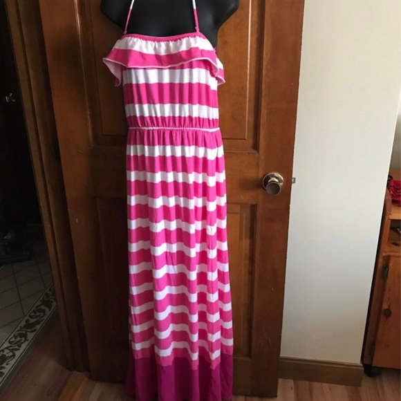 Sundress Pink white stripe maxi dress with neck strap, boho summer casual cotton - Picture 1 of 4